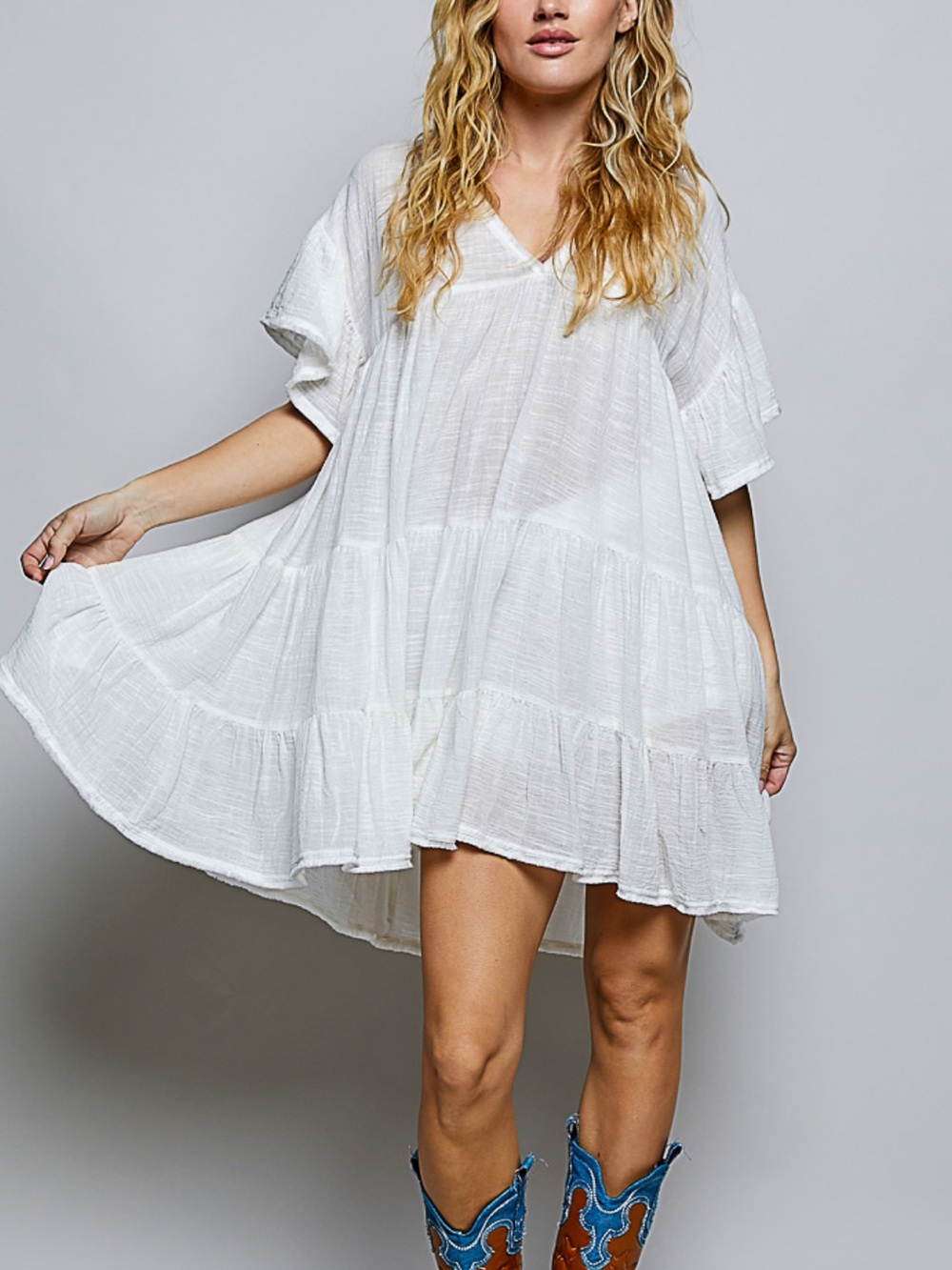 💕NEW! POL Ivory V-Neck Tiered Babydoll Dress/Tunic